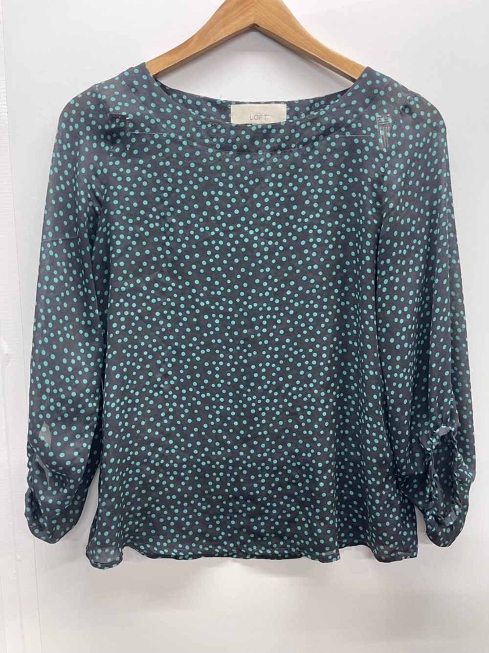 LOFT‎ Charcoal Blouse with Teal Polka Dots